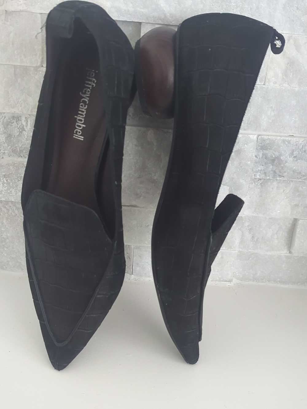 Jeffrey Campbell Black Croc-Embossed Pointed Loafer Pumps Wooden Knob Design